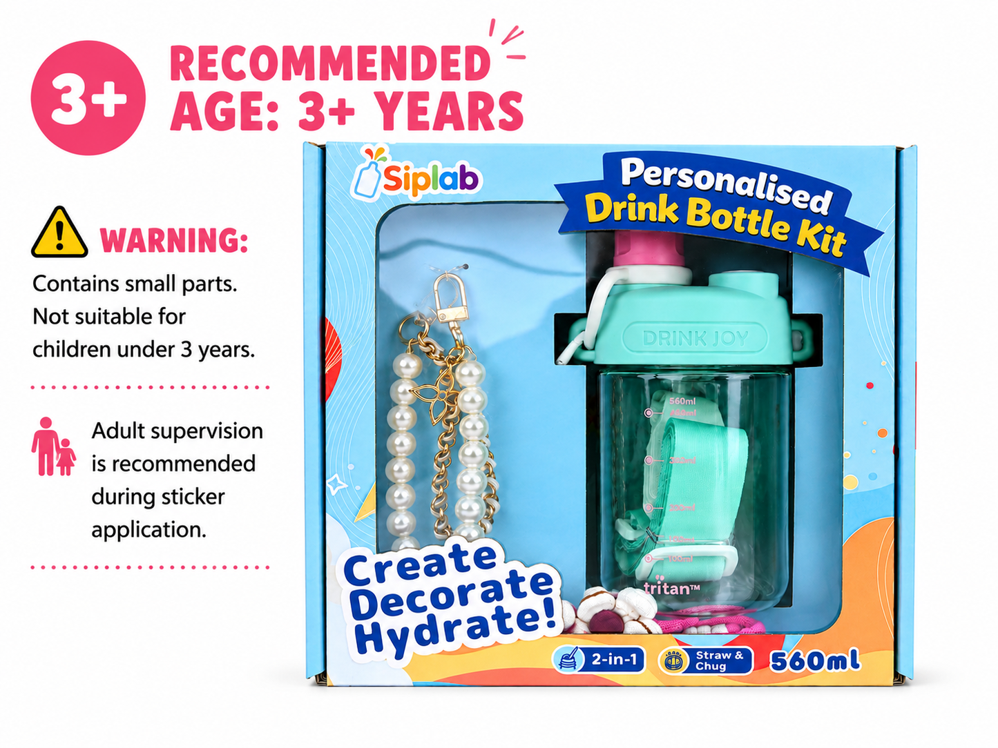 Siplab DIY Personalised Kids Drink Bottle Kit Pink| 560ml Tritan Bottle